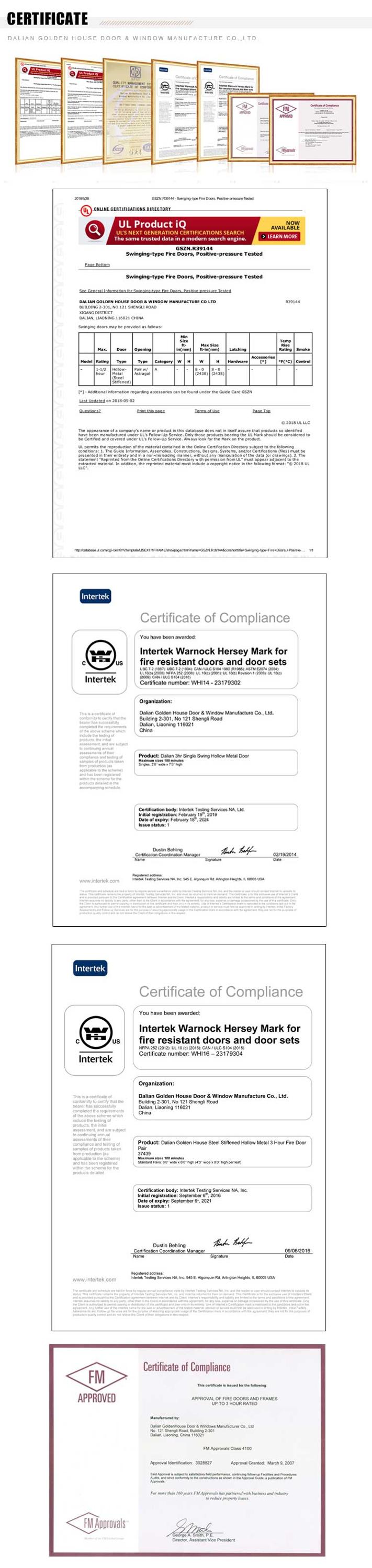 Golden house (GH) fire rated door WH FM UL certificate